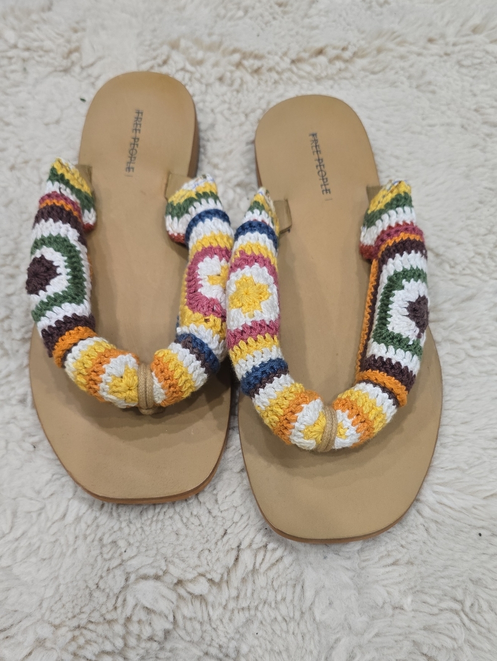 Free People Tan Footbed Crochet-Strap Sandals with Yellow & Multicolor Accents